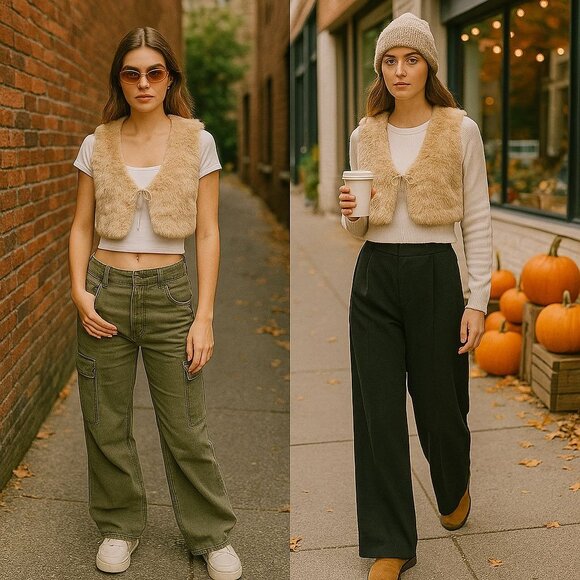Vintage Women's Faux Fur Cropped Vest Beige S Reversible Boho Fall Cozy Layer - Picture 1 of 11